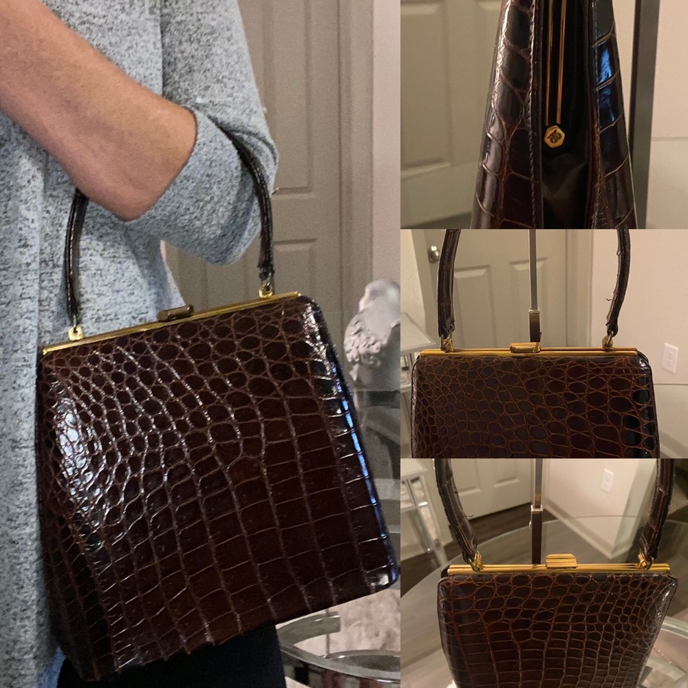 Classic Croc-Embossed Top-Handle Shoulder Bag in Dark Brown with Gold Hardware